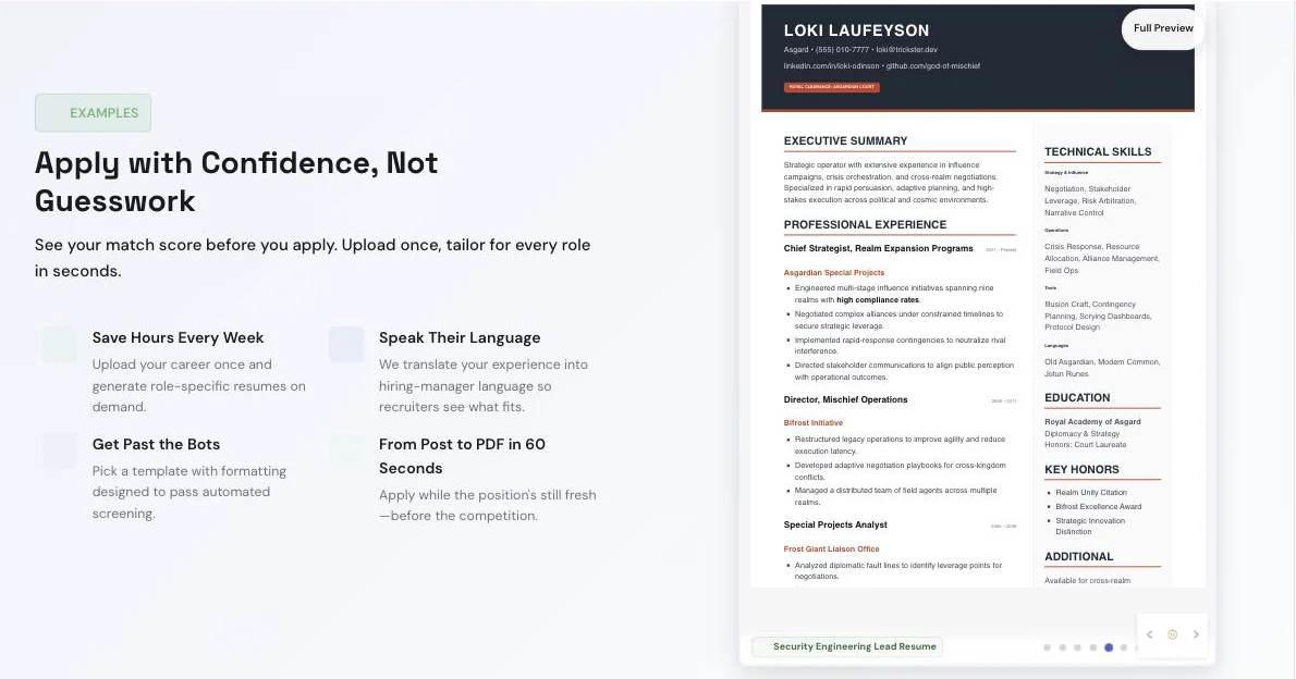 The Adjutant examples section: “Apply with Confidence, Not Guesswork”, four benefits, and a finished role-specific resume generated beside them with executive summary, professional experience, technical skills and education filled in.
