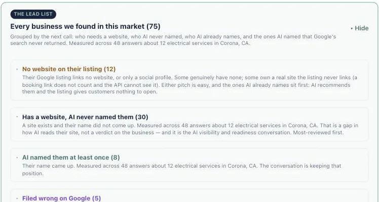 The lead list panel from the report: every business found in this market, grouped as No website on their listing (12), Has a website but AI never named them (30), AI named them at least once (8), and Filed wrong on Google (5).
