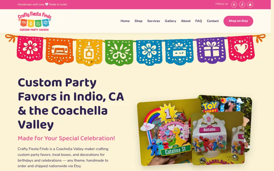 Crafty Fiesta Finds homepage: bright papel picado banners over handmade party favor photos (desktop)