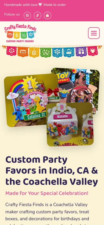 Crafty Fiesta Finds homepage: bright papel picado banners over handmade party favor photos (phone)