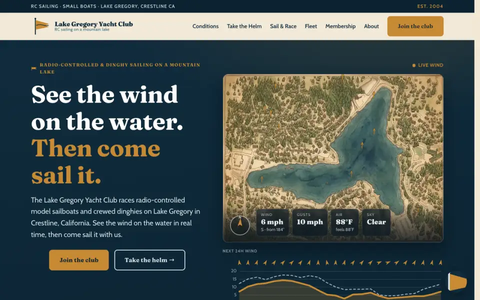 Lake Gregory Yacht Club homepage: illustrated lake map with live wind, gusts, and temperature readings (desktop)