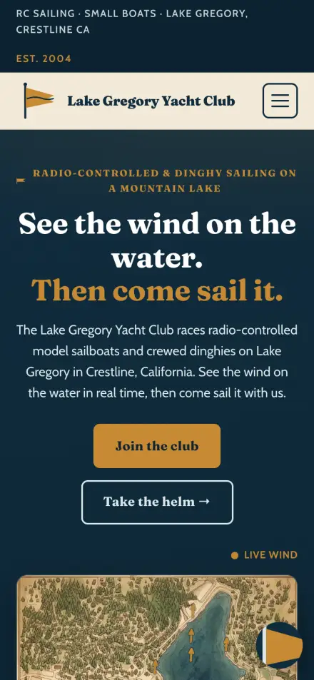 Lake Gregory Yacht Club homepage: illustrated lake map with live wind, gusts, and temperature readings (phone)