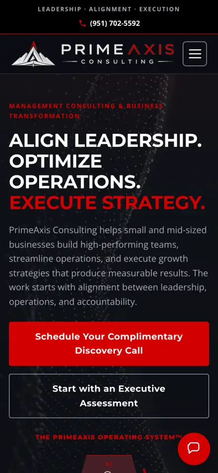 PrimeAxis Consulting homepage: bold headline beside a six-step hexagon diagram of their operating system (phone)